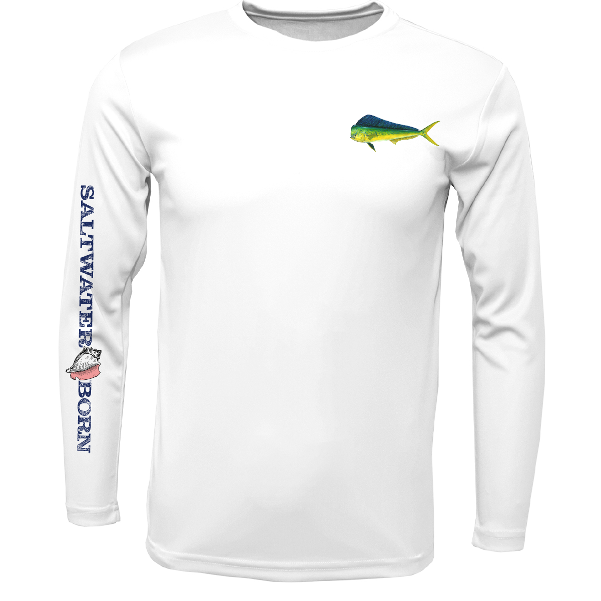 White long-sleeve shirt with fish graphics and 'Saltwater Born' text on a white background