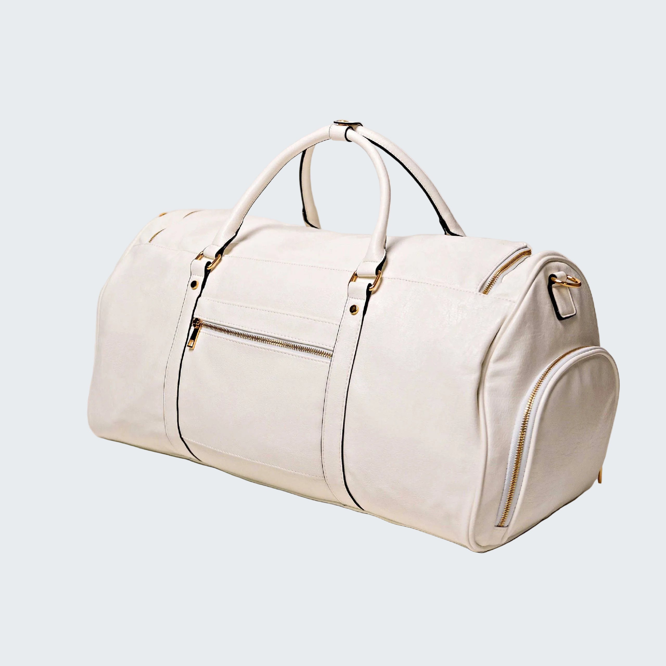 White duffel bag with gold zippers on a light gray background