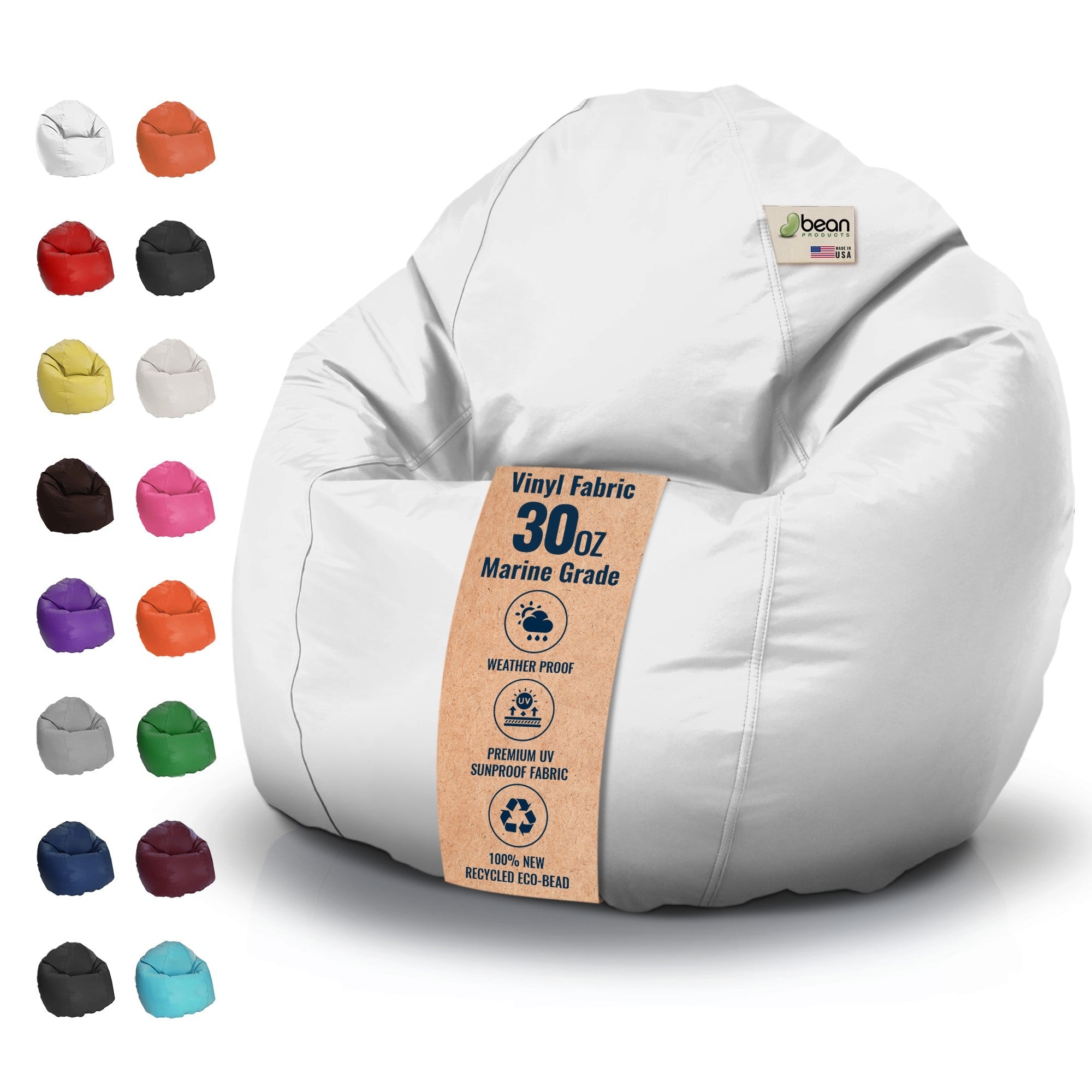 White bean bag chair with vinyl fabric and color options displayed on a white background