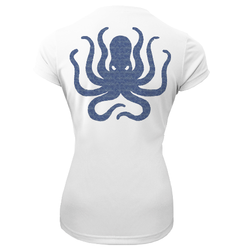 White t-shirt with a blue octopus design on a white background