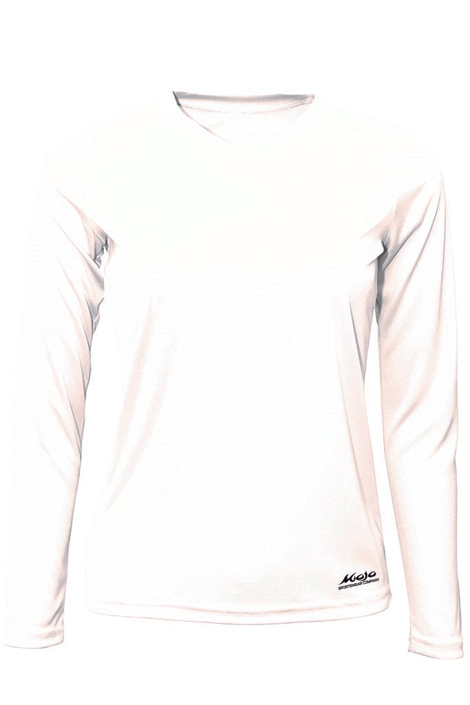 White long-sleeve athletic shirt with brand logo on a white background