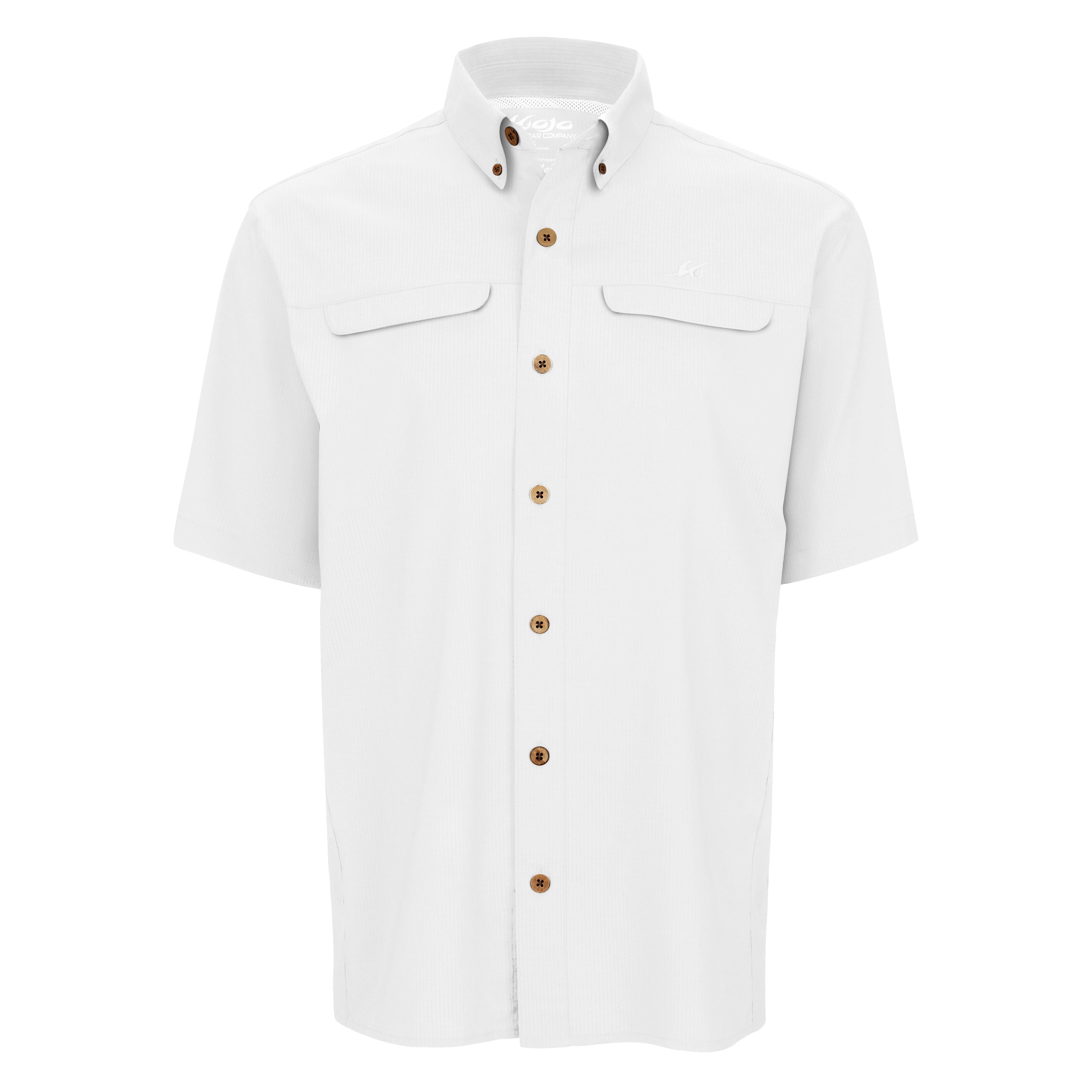 White short-sleeve shirt with brown buttons on a white background