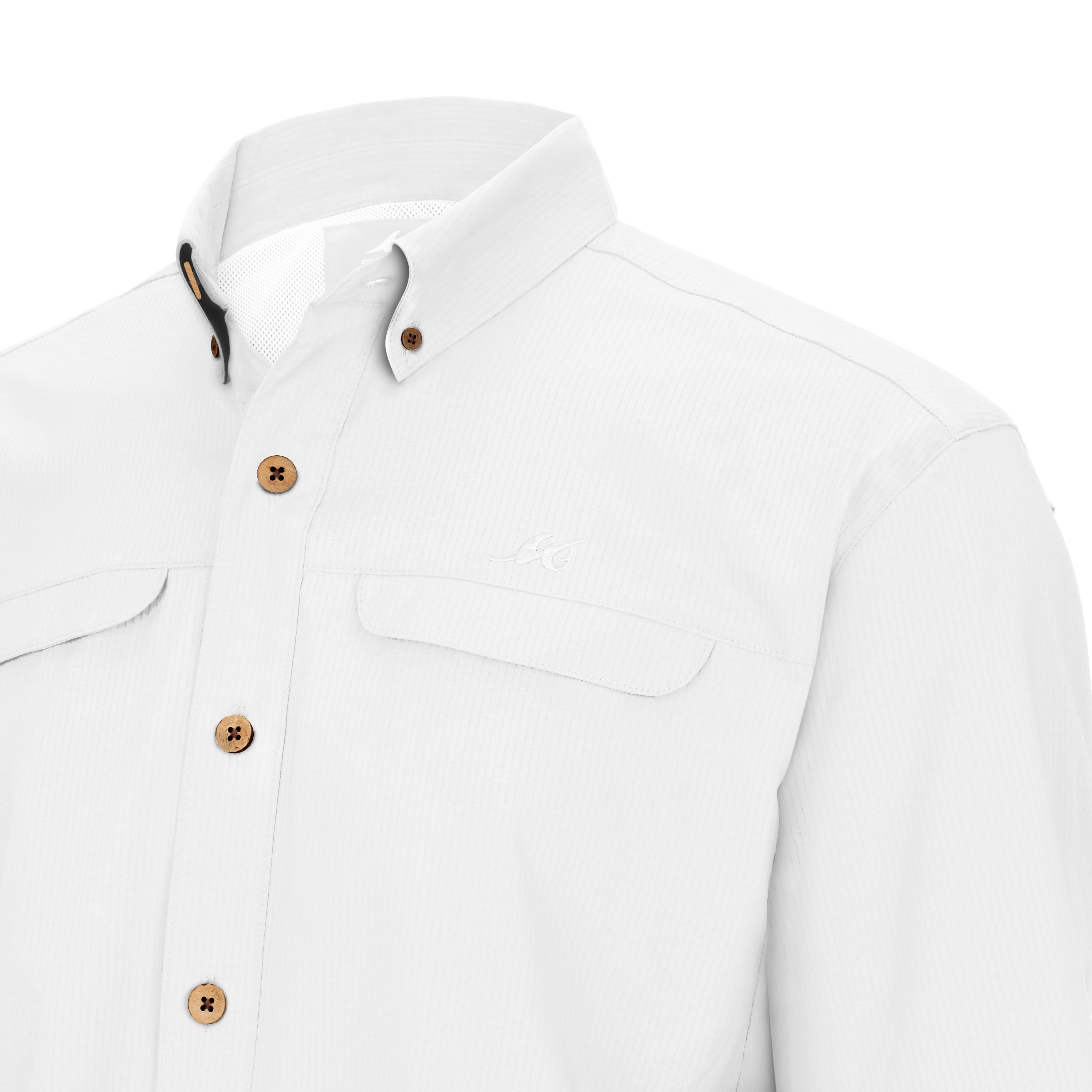 White shirt with brown buttons on a white background