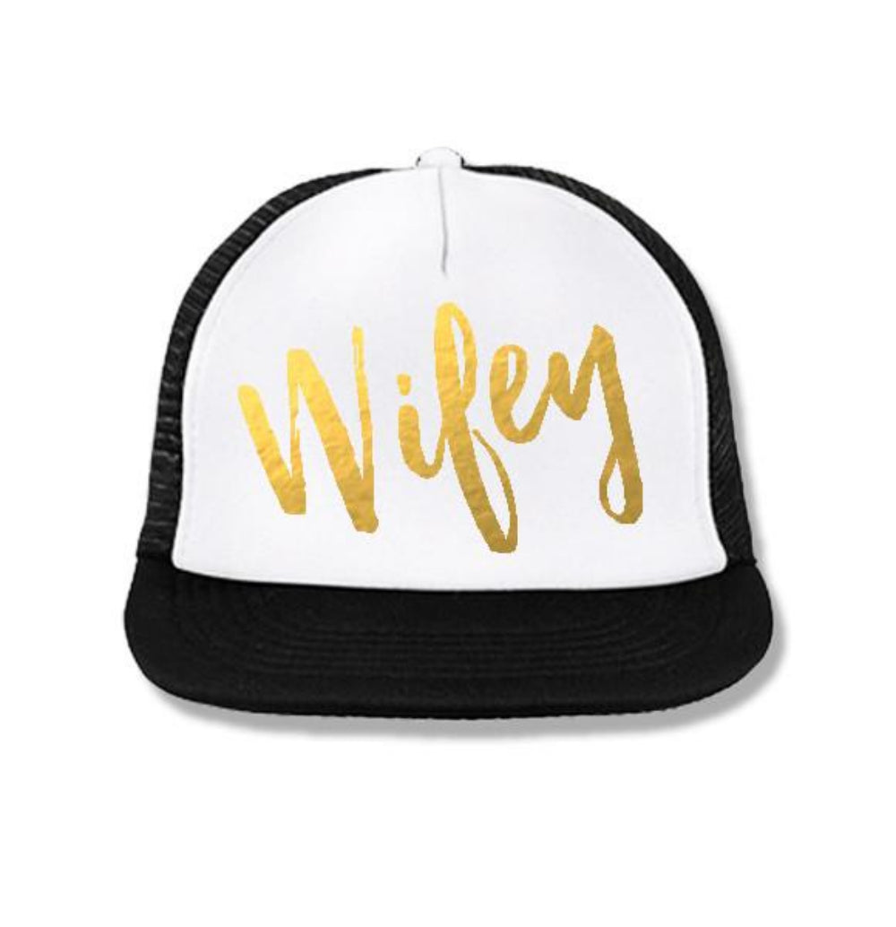 Wifey Trucker Hat White with Gold Foil Print