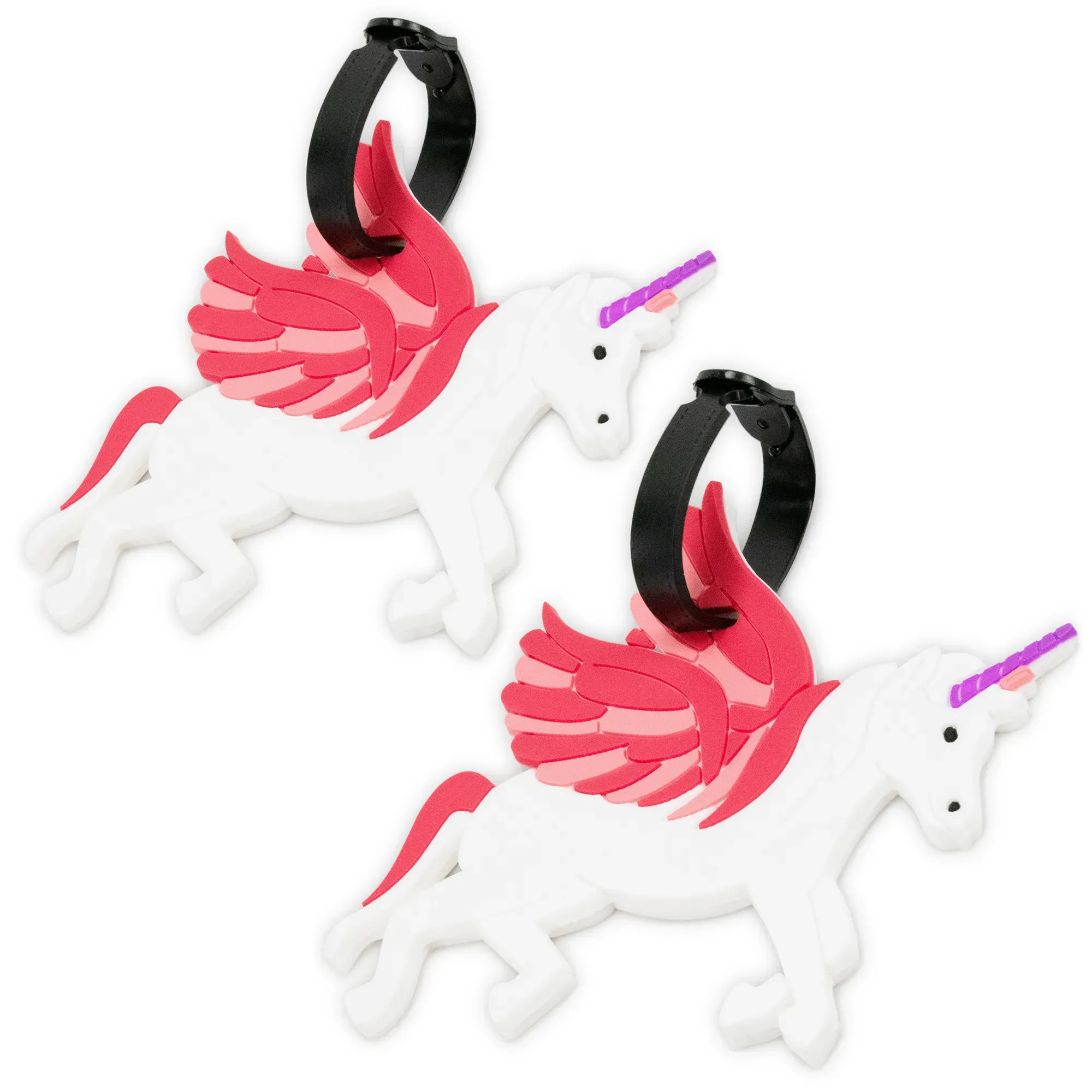Two white unicorn luggage tags with pink wings on a white background