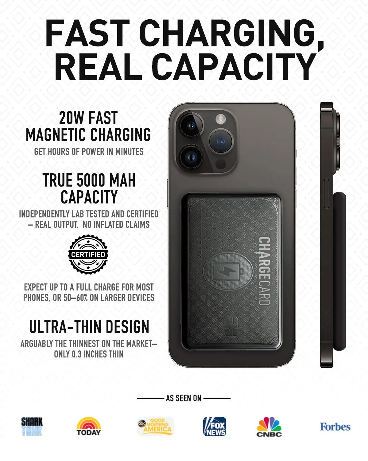 Phone case with fast charging feature and capacity details on a white background