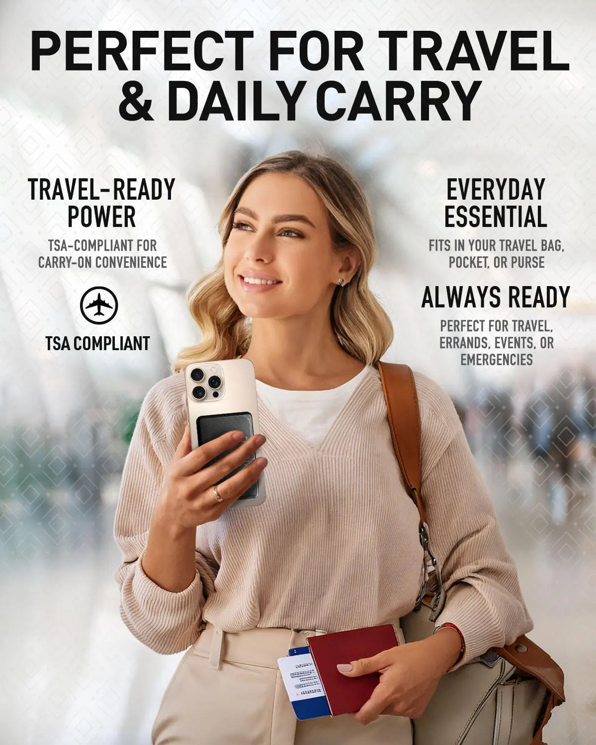 Woman holding a phone and passport with text about travel-ready power and TSA compliance.