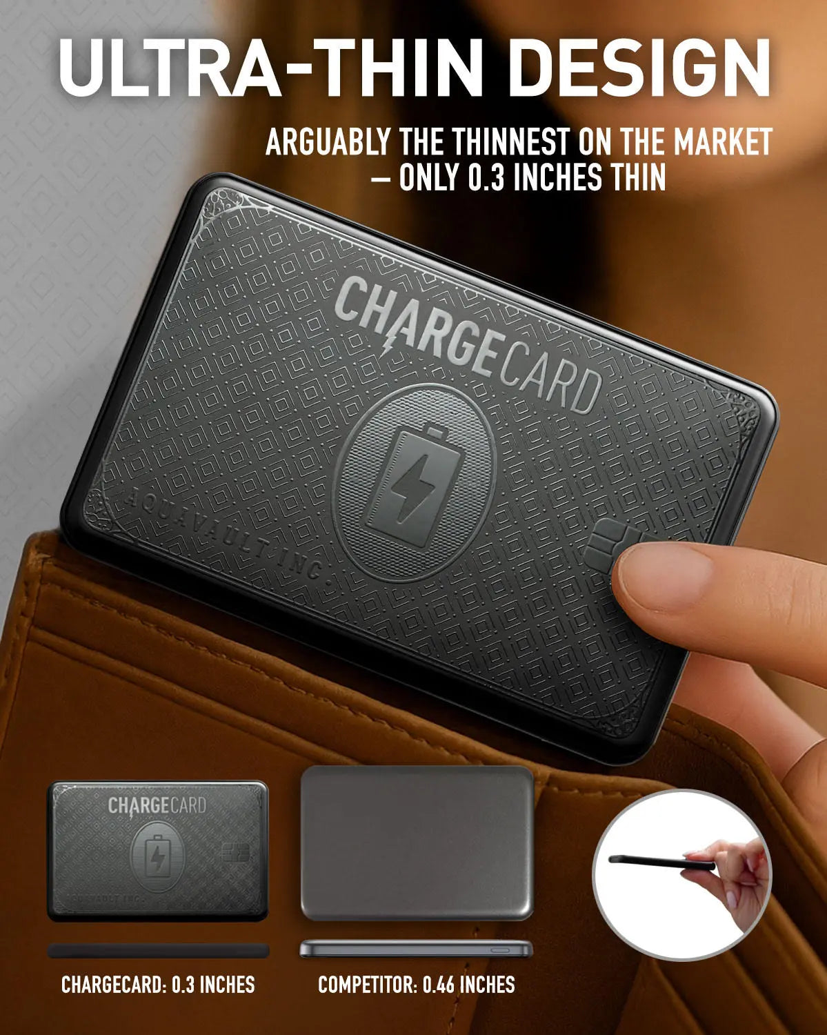 Thin black card with 'Chargecard' logo held by a hand, showing ultra-thin design.