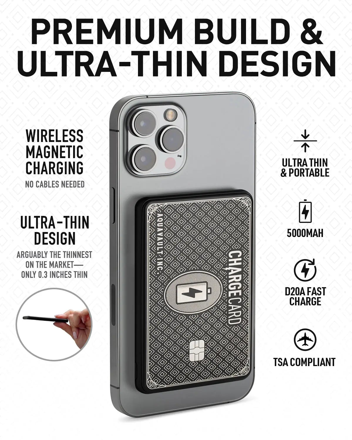 Phone case with wireless charging feature and text highlighting features on a white background