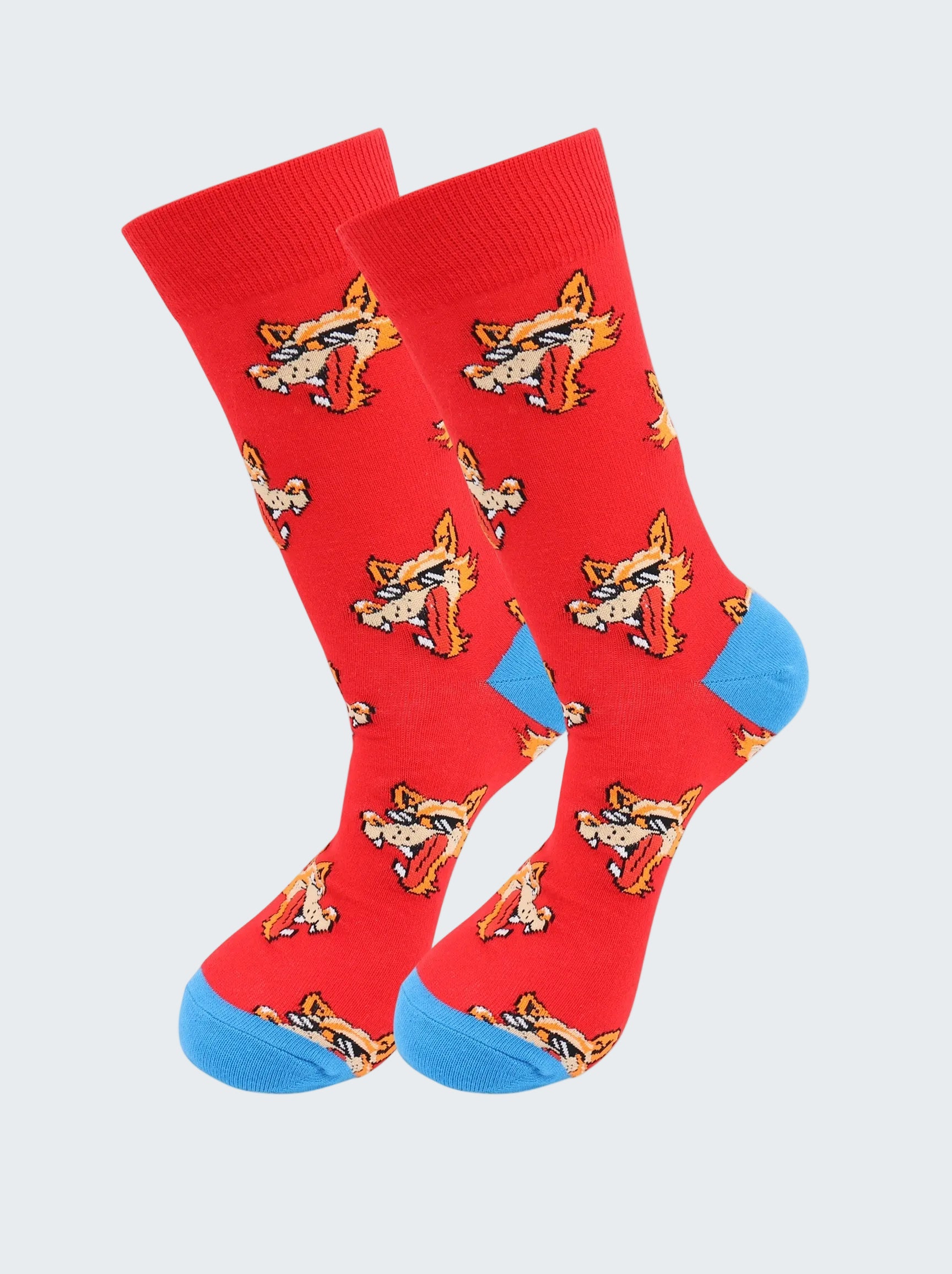 Red socks with cartoon fox design on a white background