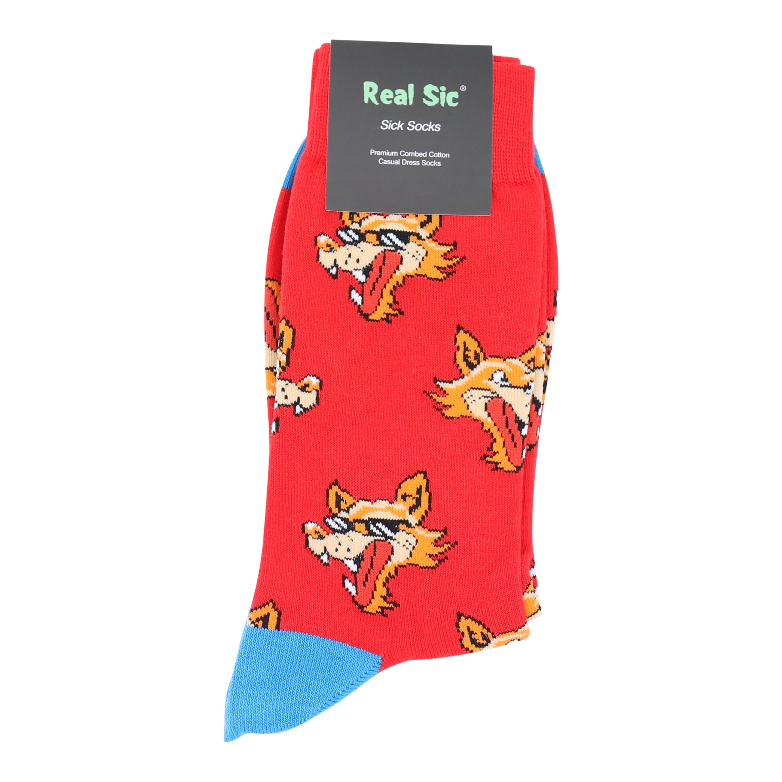 Red sock with fox pattern and blue heel, featuring 'Real Sic' brand on a white background.