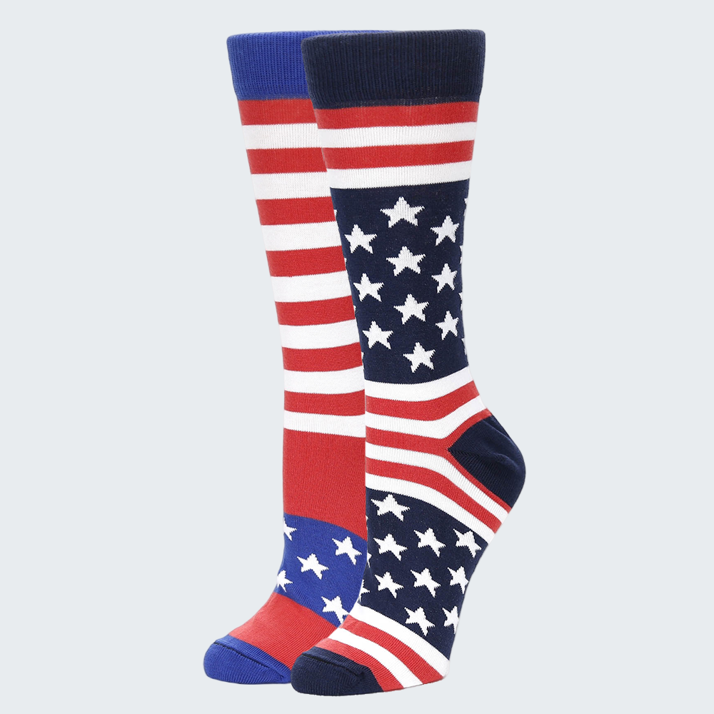 Two socks with American flag design on a white background