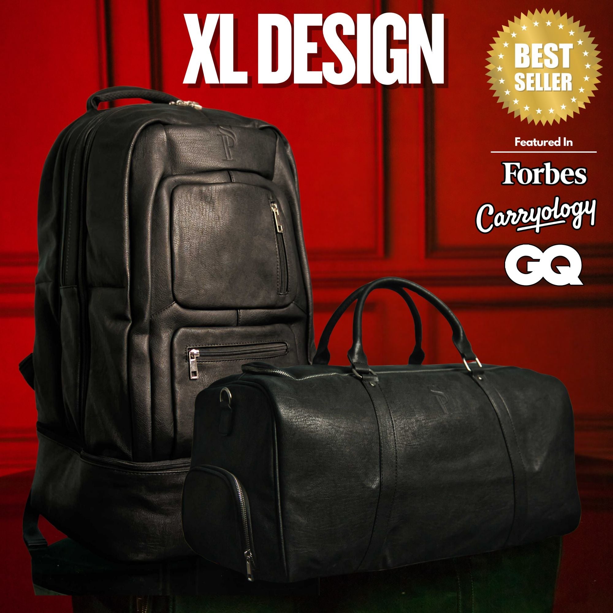 Black backpack and duffel bag with 'XL Design' branding and accolades on a red background