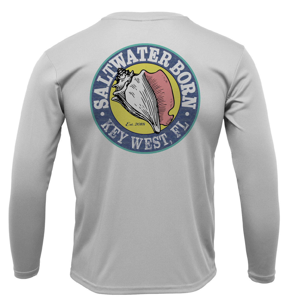Gray long-sleeve shirt with 'Saltwater Born Key West, FL' logo on the back