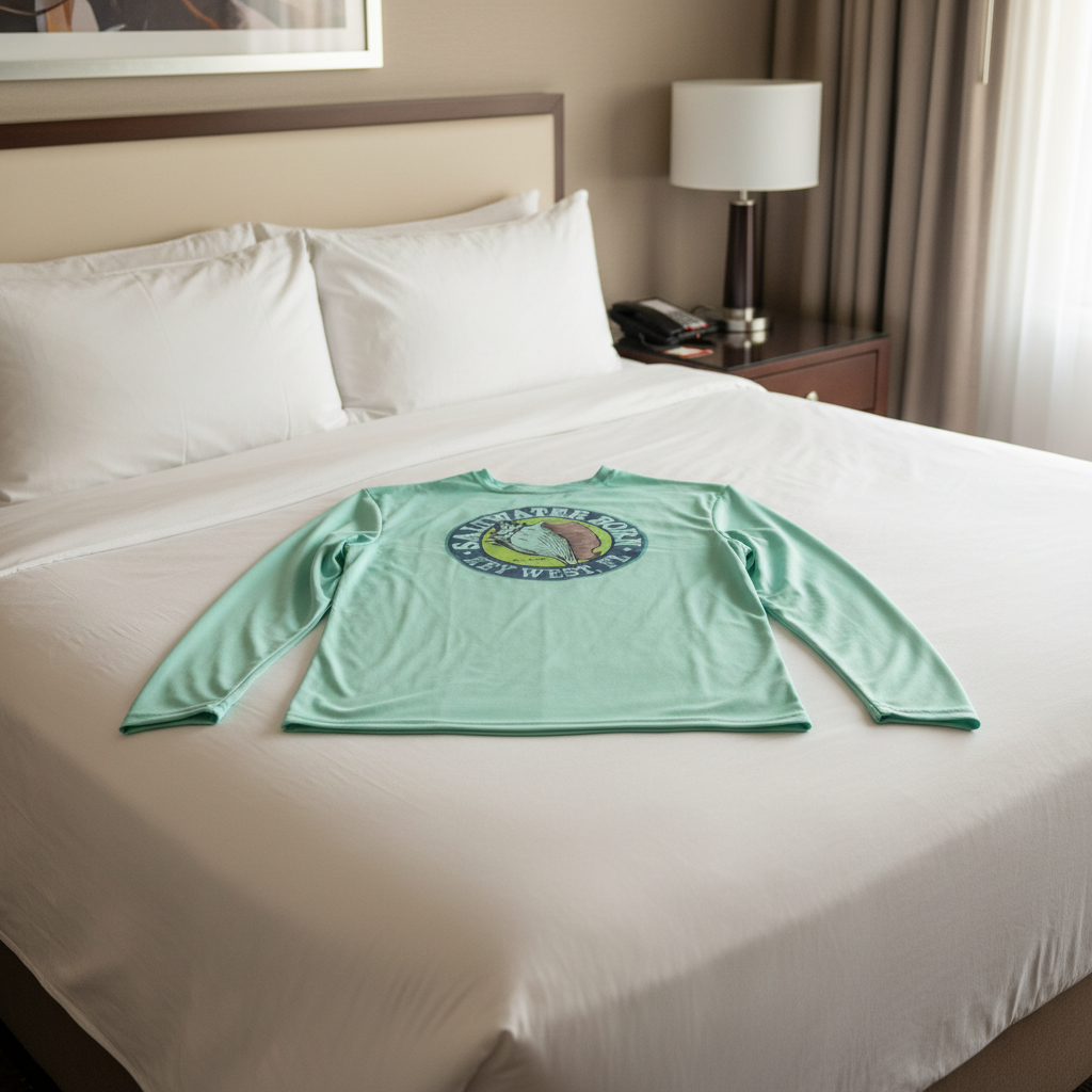 Light blue long-sleeve shirt with 'Saltwater Born Key West, FL' logo on a white background