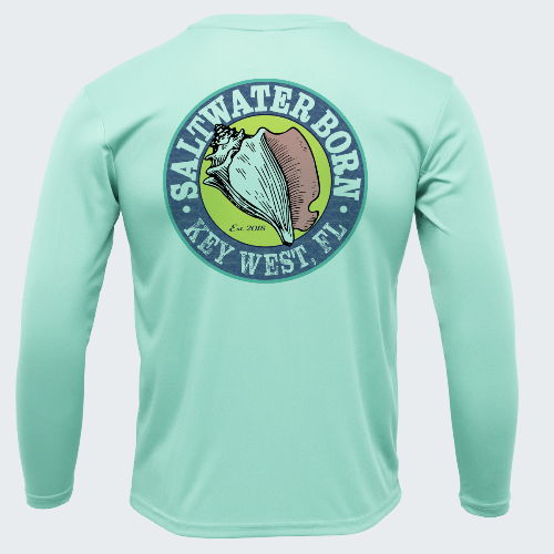 Mint green long-sleeve shirt with 'Saltwater Born Key West, FL' logo on a white background