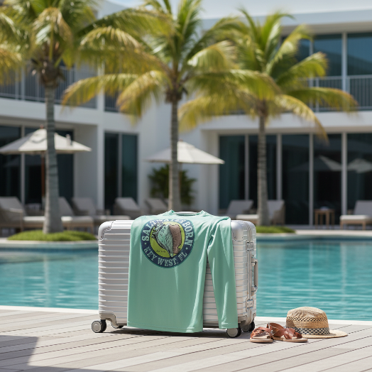 Mint green long-sleeve shirt with 'Saltwater Born Key West, FL' logo on a white background