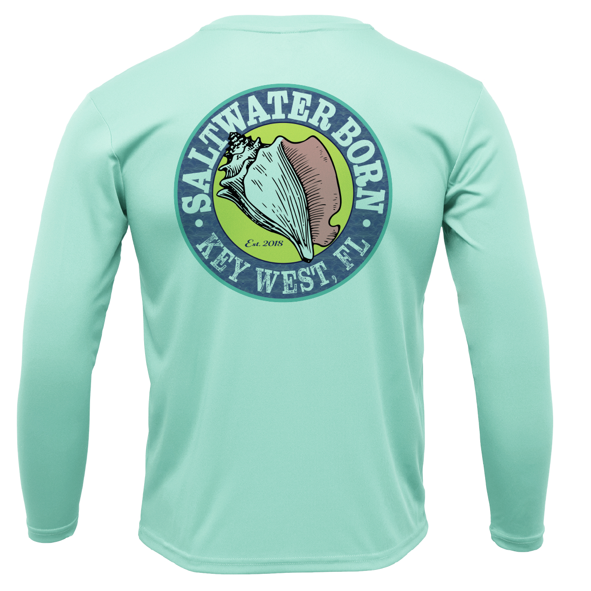 Mint green long-sleeve shirt with 'Saltwater Born Key West, FL' logo on a white background