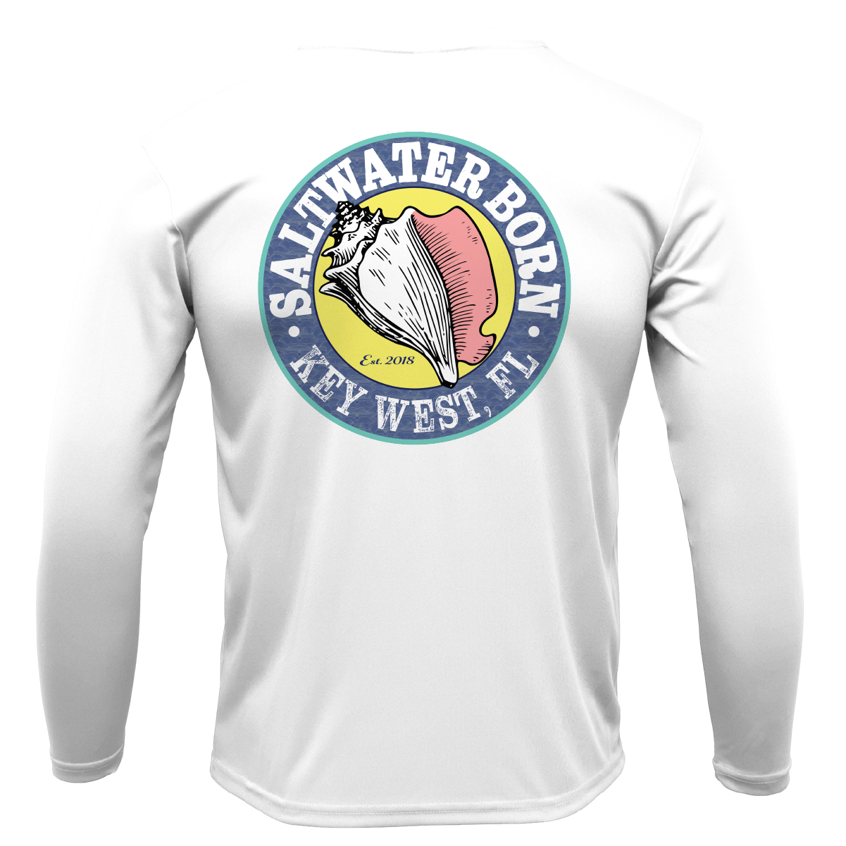 White long-sleeve shirt with a colorful logo on a white background