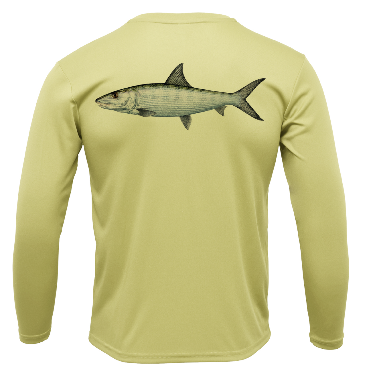 Light green long-sleeve shirt with a fish graphic on the back against a white background