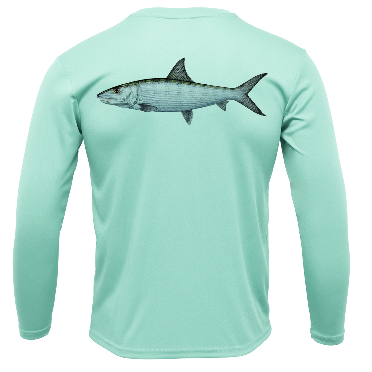 Light blue long-sleeve shirt with a fish graphic on the back against a white background