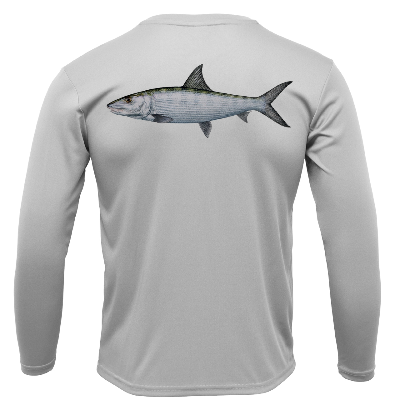 Gray long-sleeve shirt with a fish design on the back against a white background