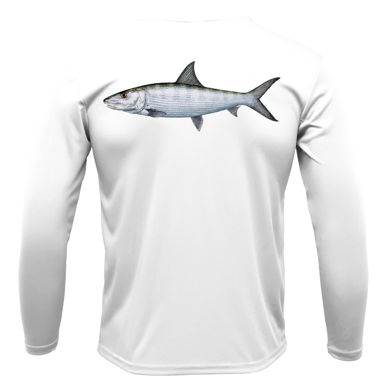 White long-sleeve shirt with a fish graphic on a white background