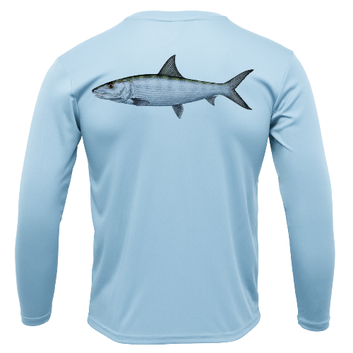 Light blue long-sleeve shirt with a fish graphic on the back against a white background