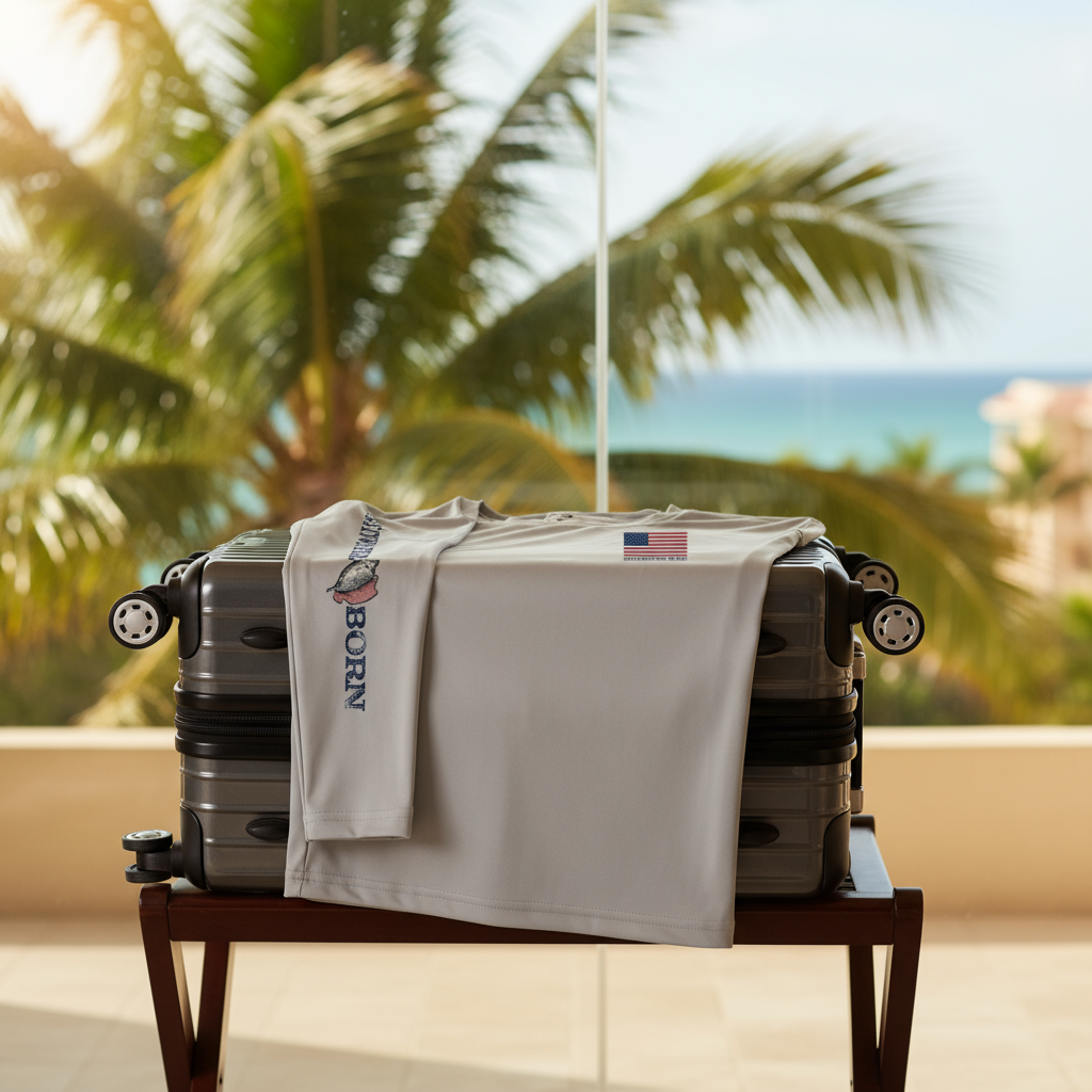Gray long-sleeve shirt with American flag and 'Saltwater Born' branding on a white background