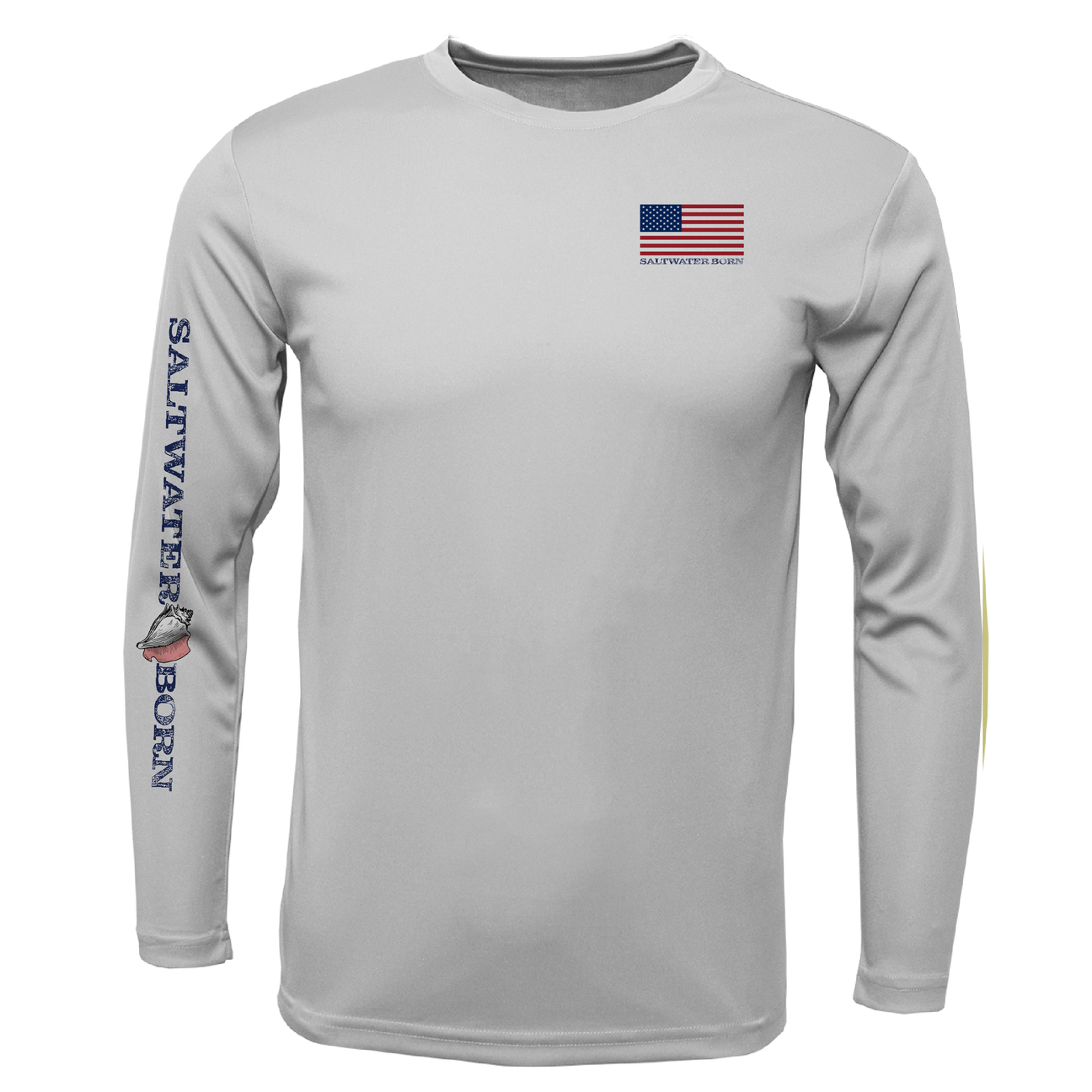 Gray long-sleeve shirt with 'Saltwater Born' branding and American flag on a white background
