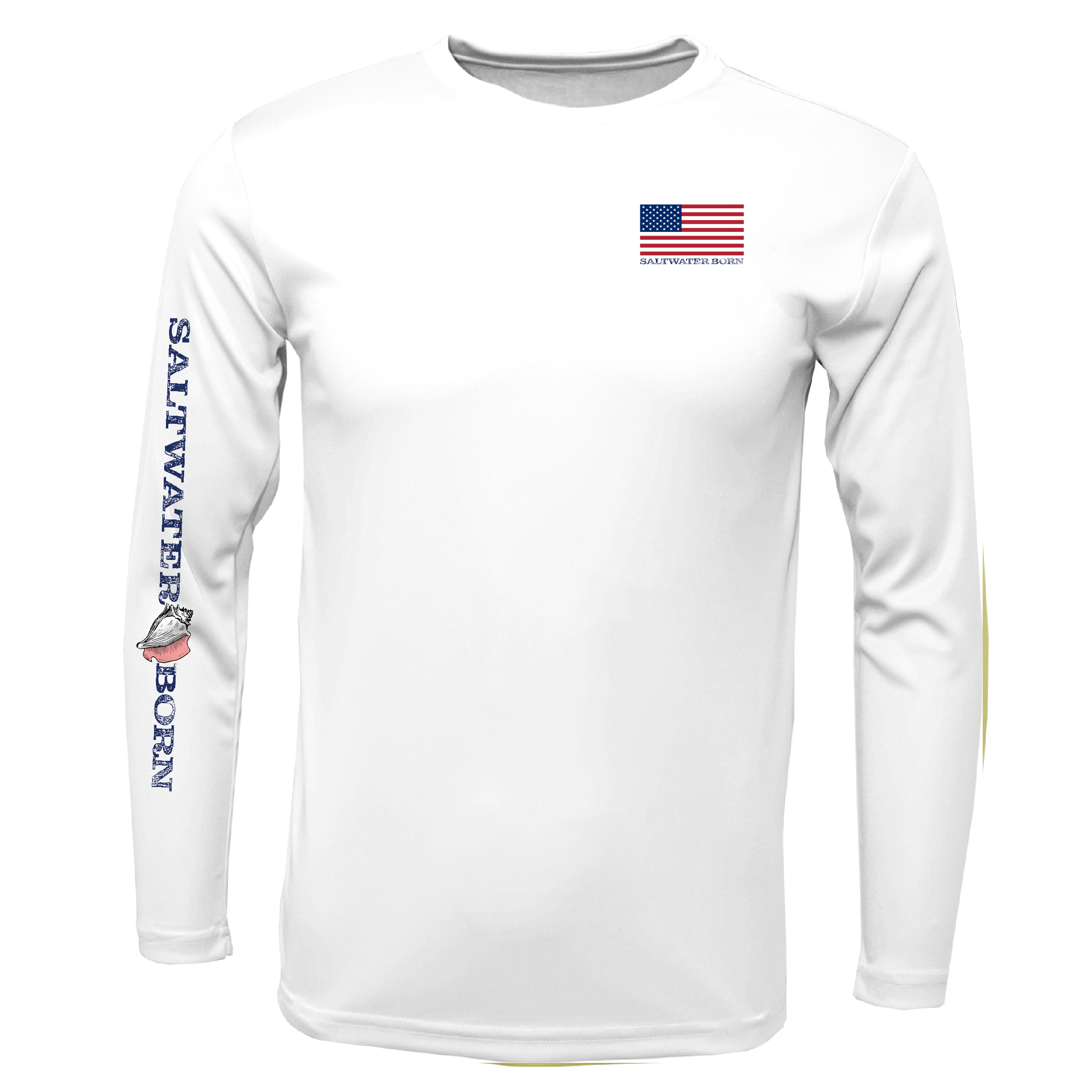 White long-sleeve shirt with American flag and 'Saltwater Born' logo on a white background
