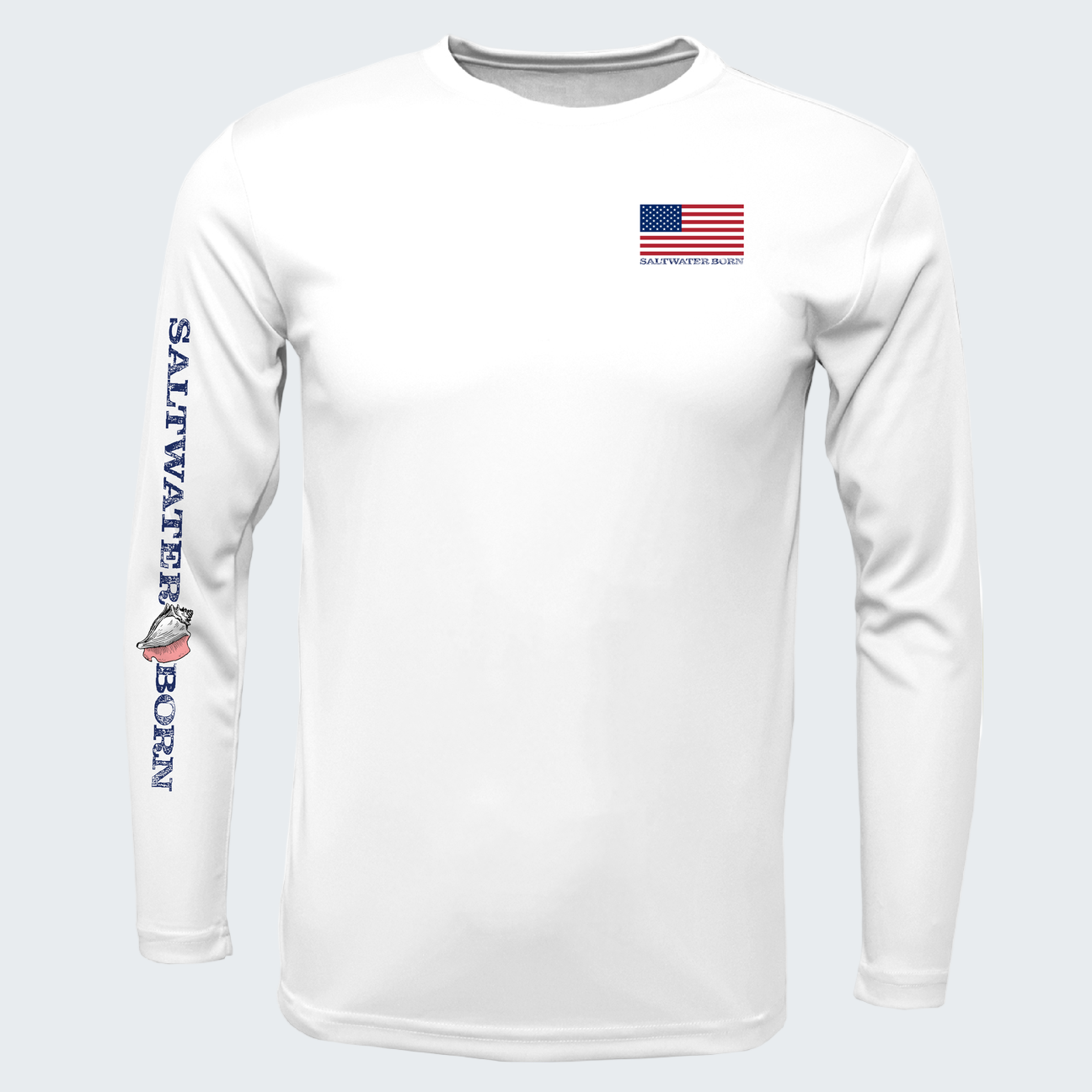 White long-sleeve shirt with 'Saltwater Born' branding and American flag on a white background