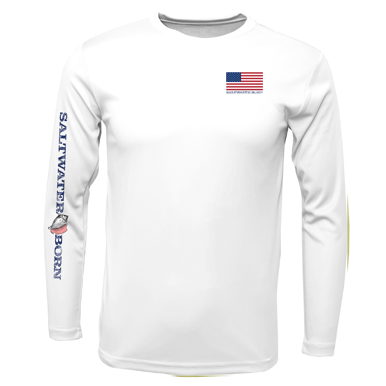 White long-sleeve shirt with 'Saltwater Born' branding and American flag on a white background
