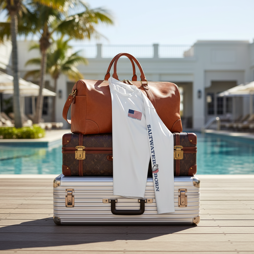 White long-sleeve shirt with 'Saltwater Born' branding and American flag on a white background