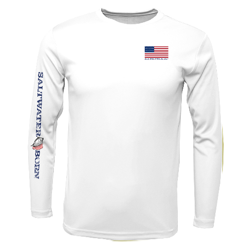 White long-sleeve shirt with American flag and 'Saltwater Born' logo on a white background