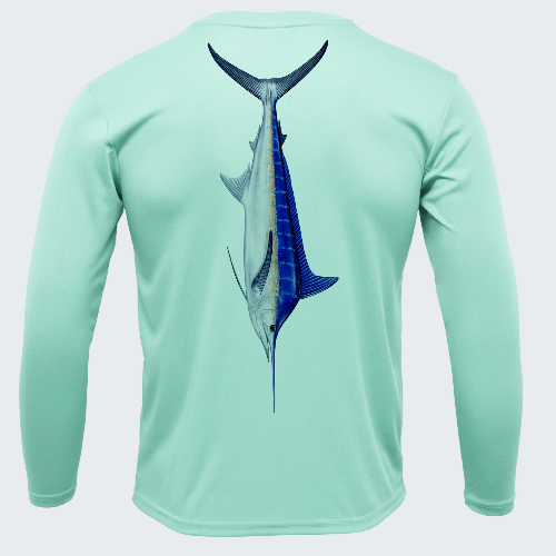 Light blue long-sleeve shirt with a fish graphic on the back against a white background