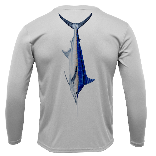 Gray long-sleeve shirt with a blue marlin graphic on the back against a white background