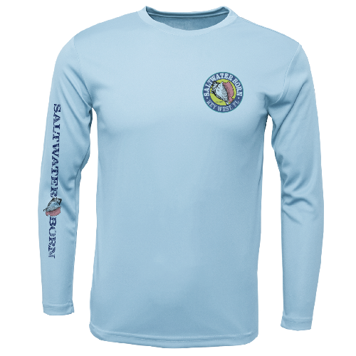 Light blue long-sleeve shirt with 'Saltwater Born' logo and text on a white background
