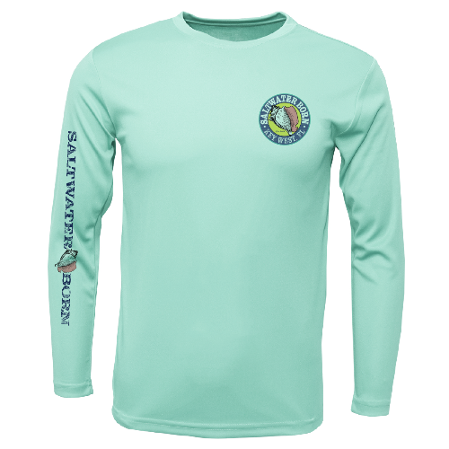 Mint green long-sleeve shirt with branding on a white background