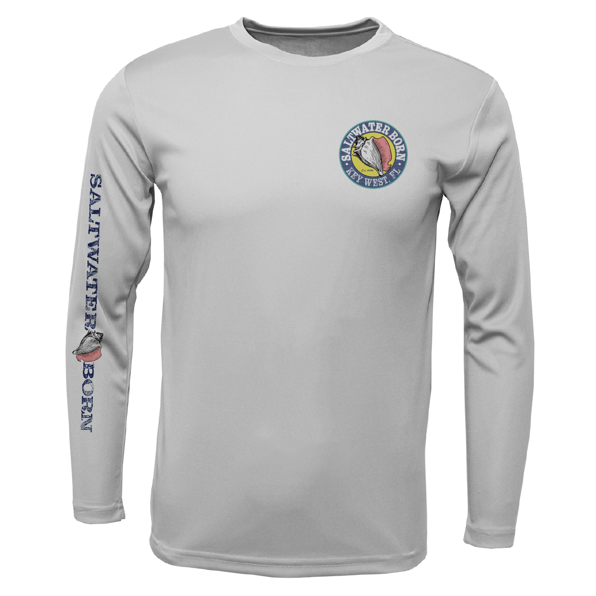 Gray long-sleeve shirt with 'Saltwater Born' logo and text on a white background