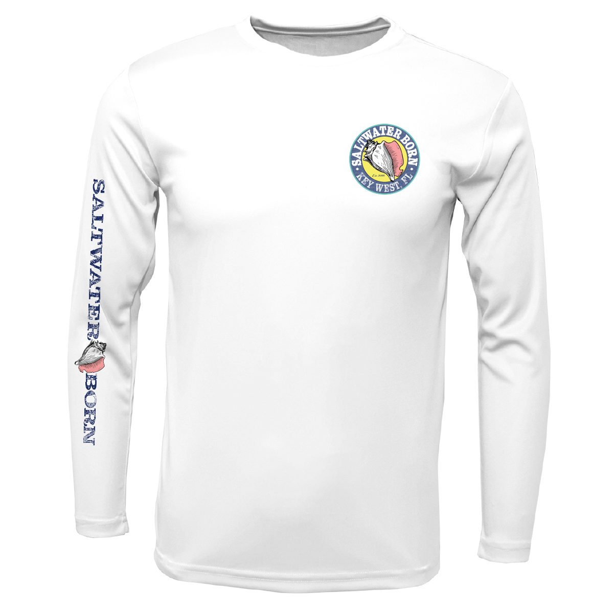 White long-sleeve shirt with 'Saltwater Born' logo and text on a white background