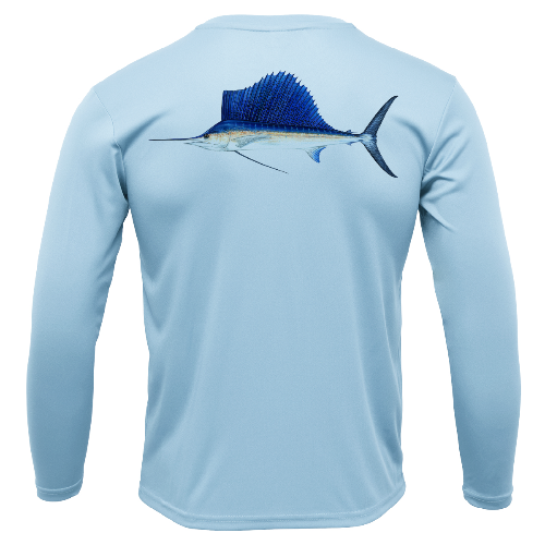 Light blue long-sleeve shirt with a marlin fish graphic on the back against a white background