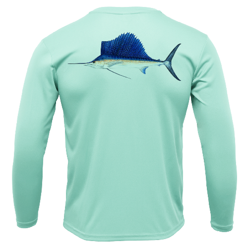 Light blue long-sleeve shirt with a marlin fish graphic on the back against a white background