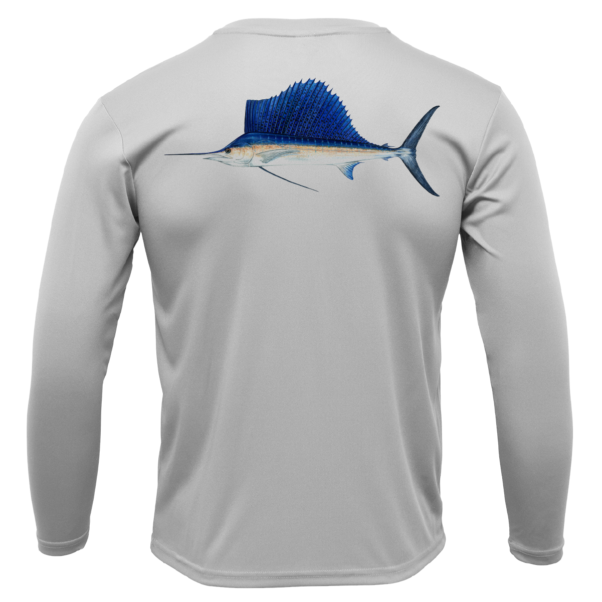 Gray long-sleeve shirt with a blue marlin graphic on the back against a white background