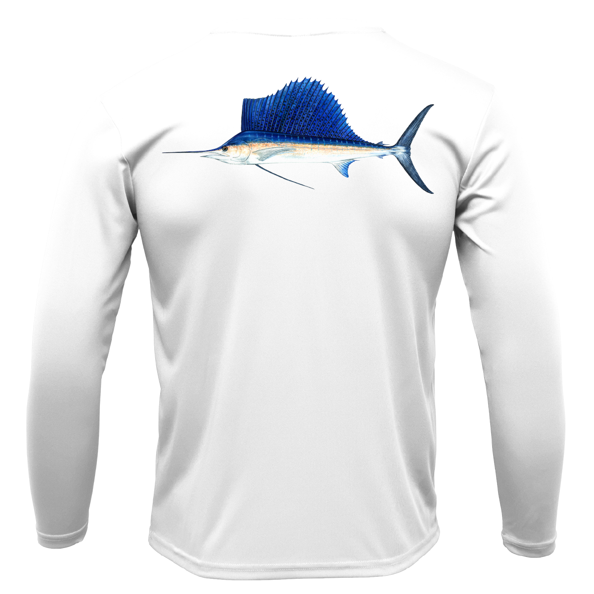 White long-sleeve shirt with blue fish design on a white background