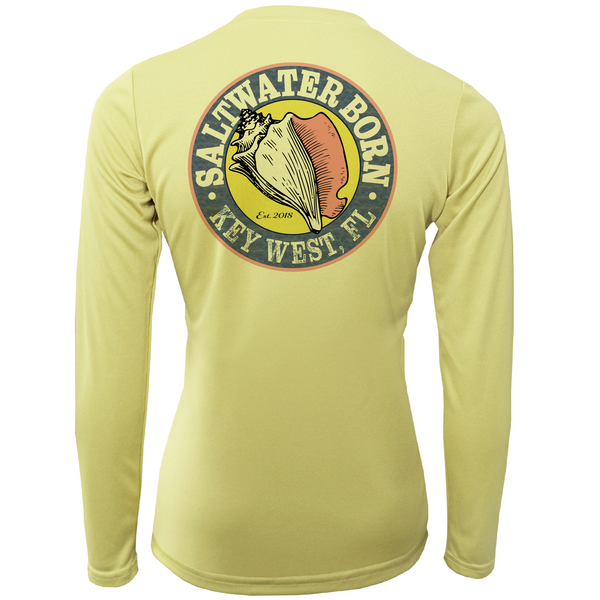 Yellow long-sleeve shirt with 'Saltwater Born' logo on the back against a white background