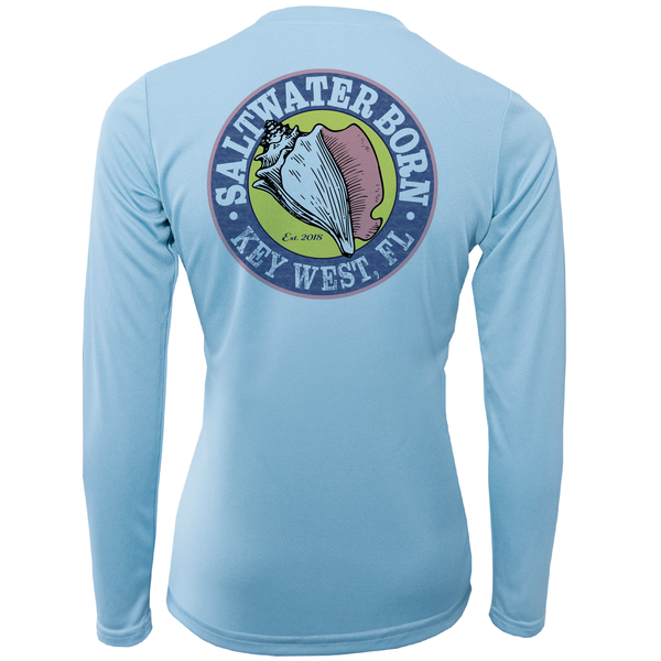 Light blue long-sleeve shirt with a 'Saltwater Born' logo on the back against a white background
