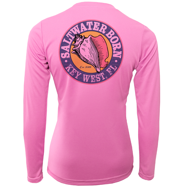 Pink long-sleeve shirt with 'Saltwater Born Key West, FL' logo on the back