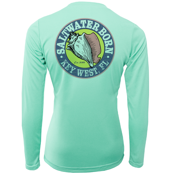 Mint green long-sleeve shirt with 'Saltwater Born' logo on a white background