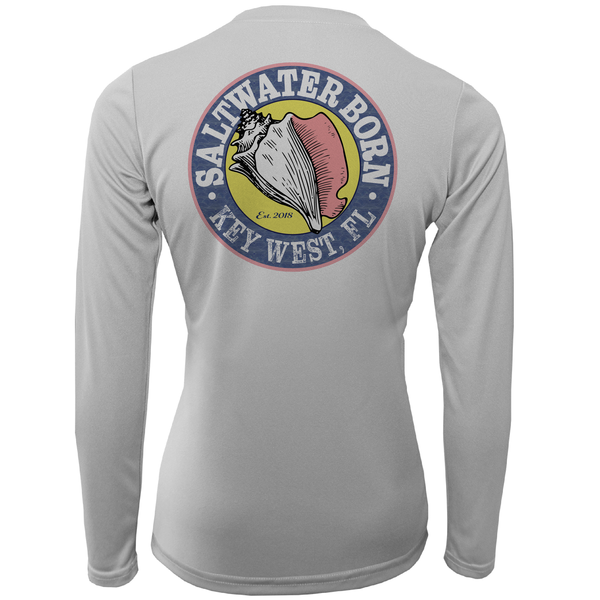 Gray long-sleeve shirt with a colorful 'Saltwater Born' logo on the back, featuring a conch shell design.